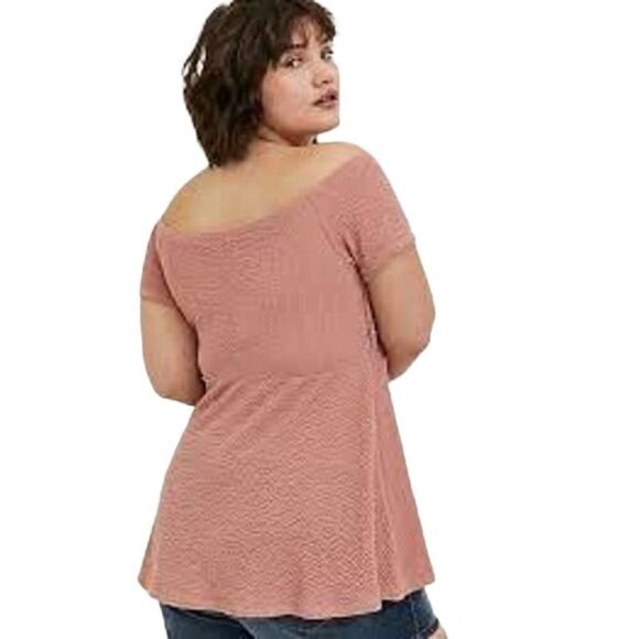 Torrid Dusty Pink Textured Smocked Off Shoulder Babydoll Top CrissCross Surplice - Picture 4 of 13